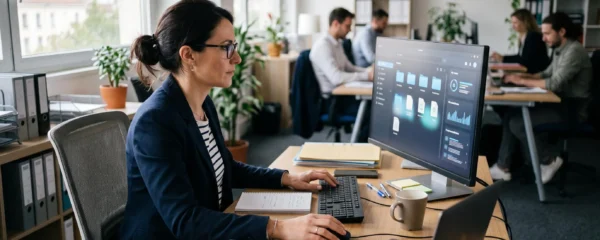 Responsable administratif consultant des factures électroniques dans un bureau
