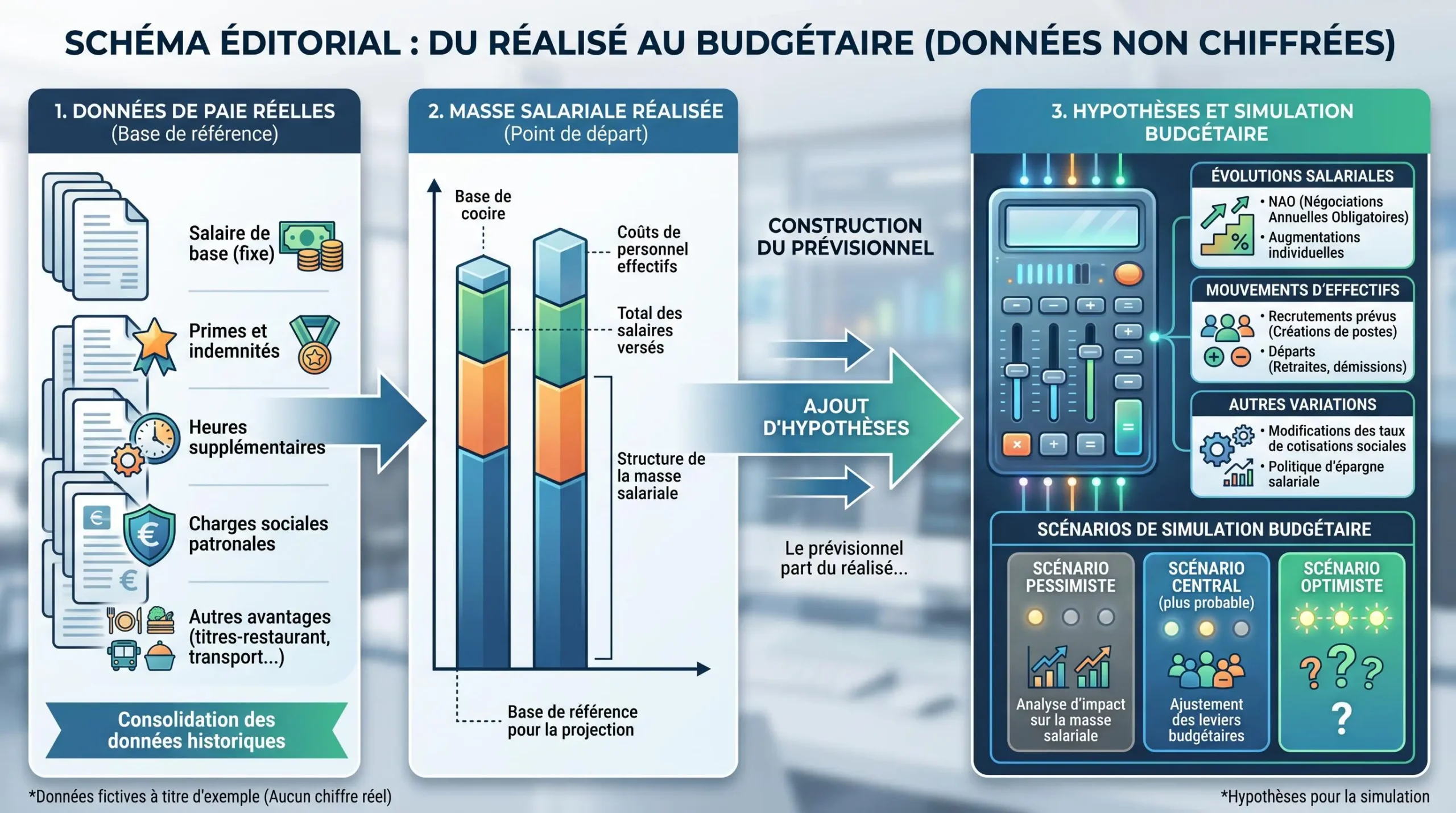 Schéma reliant données de paie, masse salariale réalisée et simulation prévisionnelle